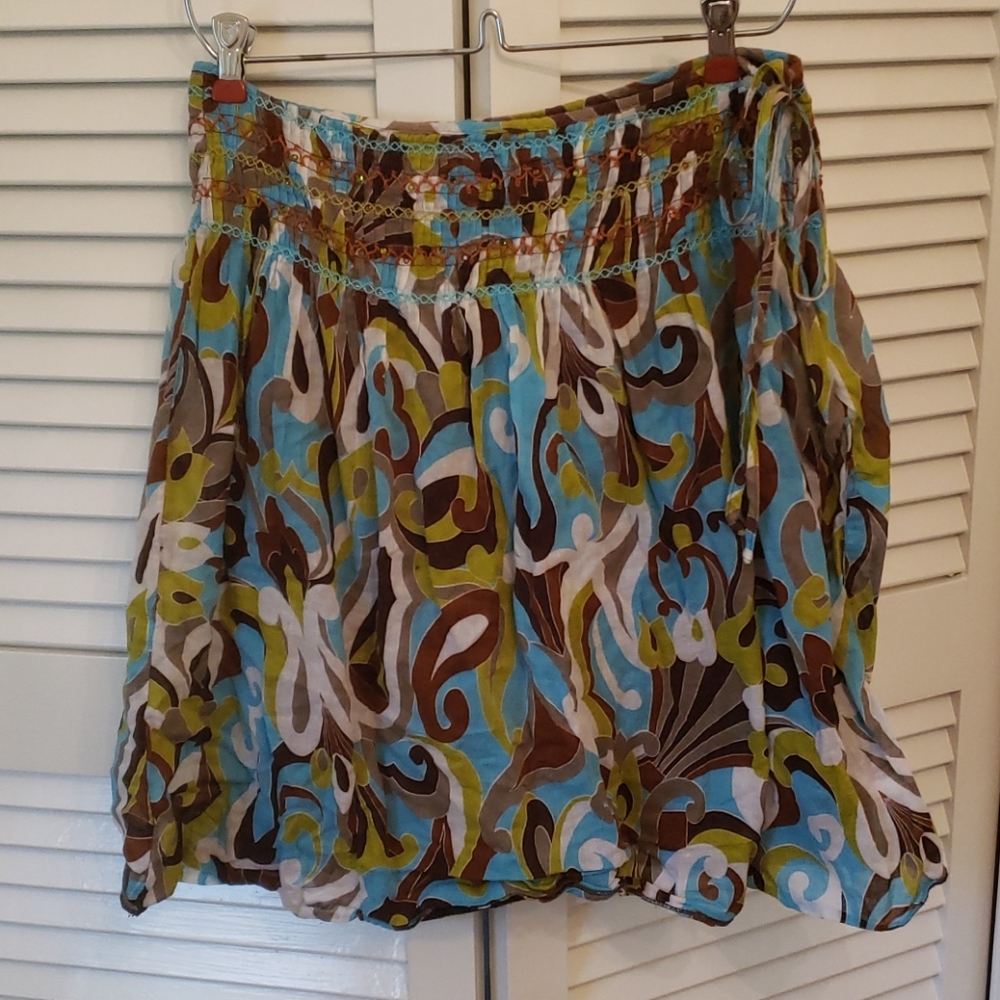 Ruth Skirt Midi SZ 4 Print Flowy Fit Brown Blue Bohemian Style